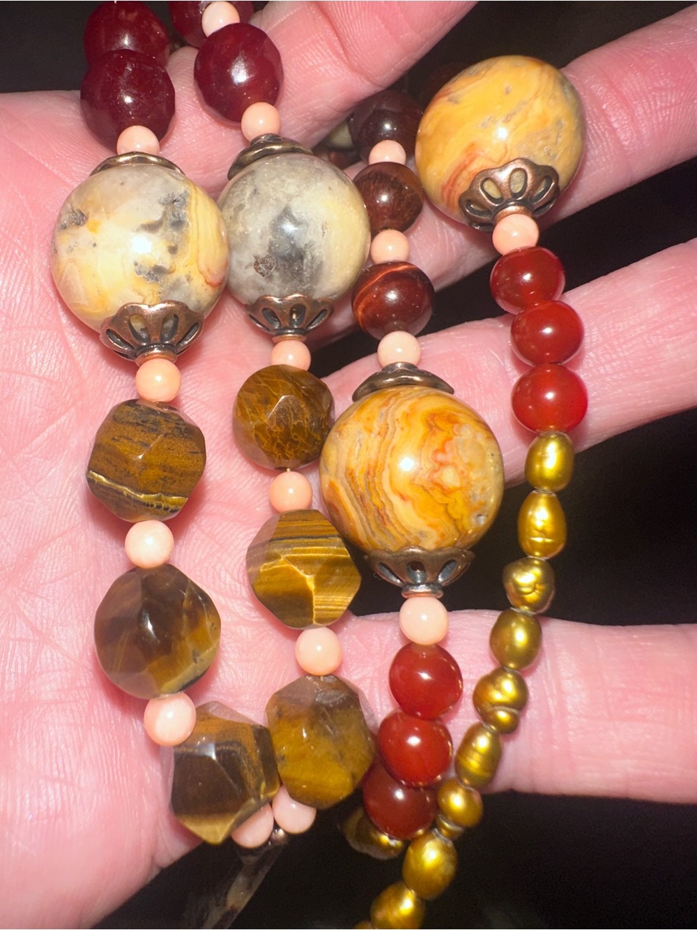 Handcrafted  Yellow Jade, Coral, Tigers Eye, pearl, carnelian, Carved  Pendant. - Picture 7 of 8